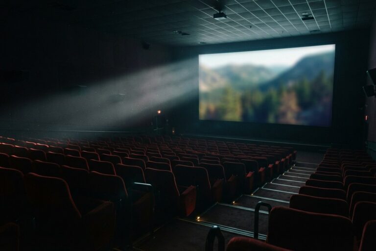 Salle de cinéma vide aux fauteuils rouges, un faisceau de projection éclairant un écran où passe un paysage de montagne