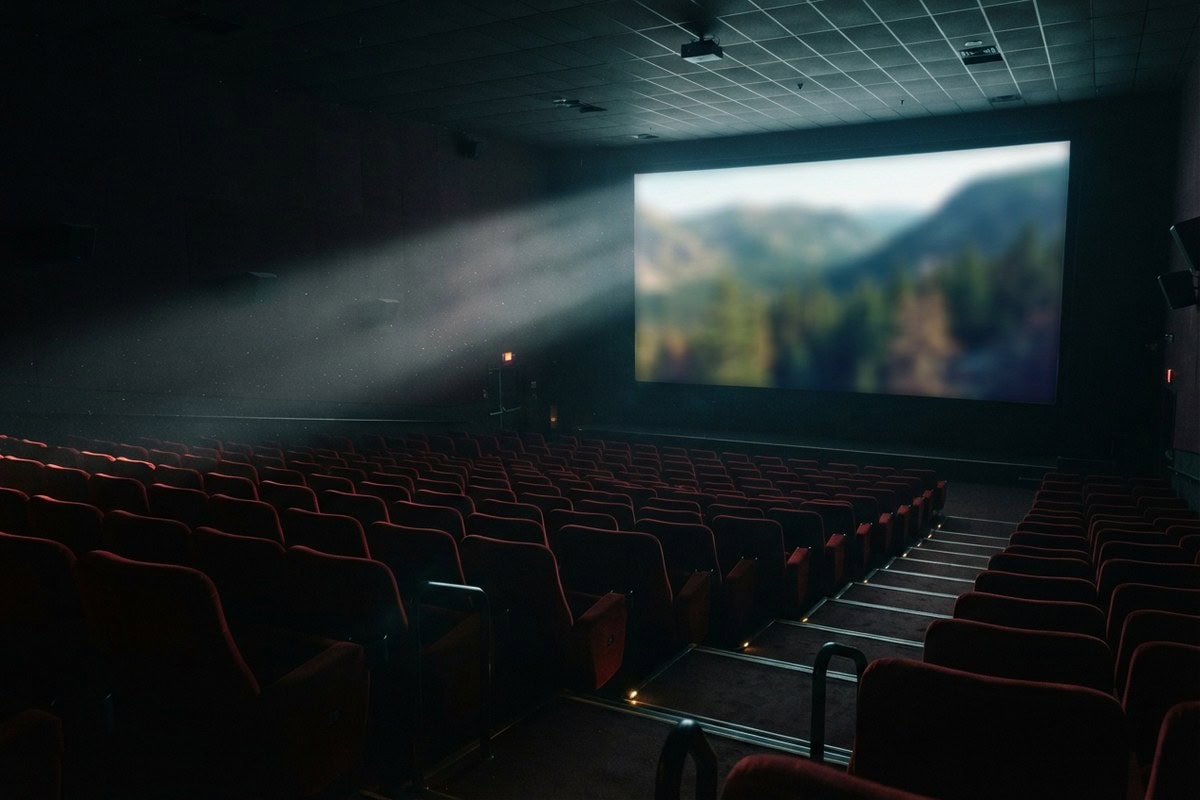 Salle de cinéma vide aux fauteuils rouges, un faisceau de projection éclairant un écran où passe un paysage de montagne