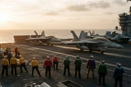 Pont d'envol d'un porte-avions au coucher du soleil, chasseurs alignés et équipage en gilets colorés