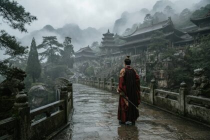 Homme en robe rouge brodée, épée à la main, de dos sur un pont de pierre mouillé devant un temple chinois dans la brume