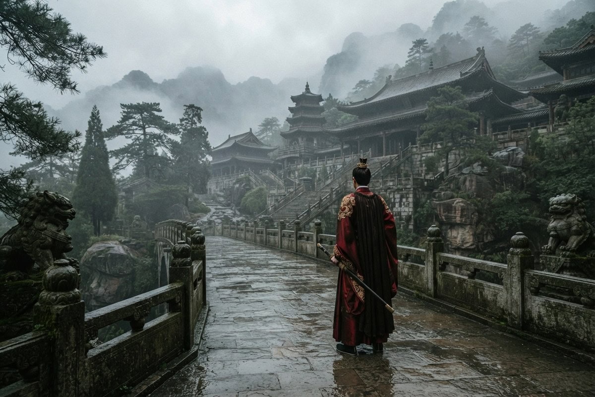 Homme en robe rouge brodée, épée à la main, de dos sur un pont de pierre mouillé devant un temple chinois dans la brume