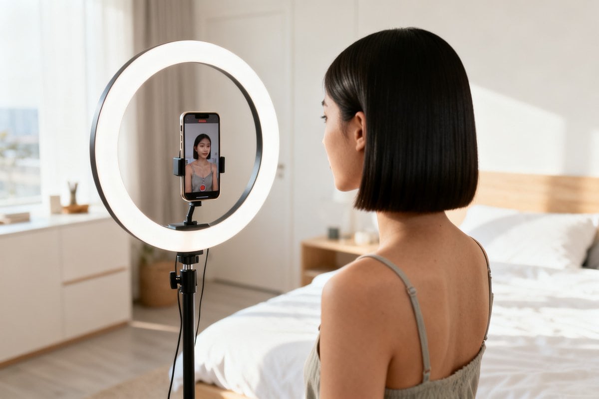 Jeune femme au carré brun filmant une vidéo sur son smartphone posé sur un anneau lumineux dans une chambre