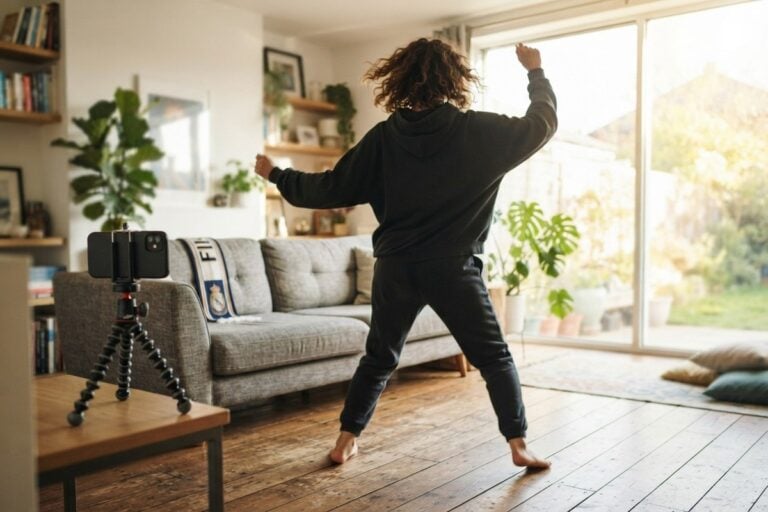 Une personne de dos danse dans un salon lumineux, filmée par un smartphone sur trépied, une écharpe de foot sur le canapé