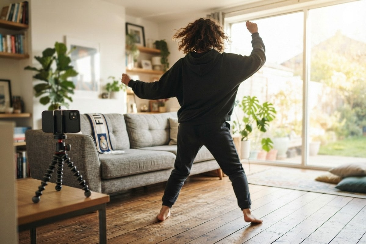 Une personne de dos danse dans un salon lumineux, filmée par un smartphone sur trépied, une écharpe de foot sur le canapé