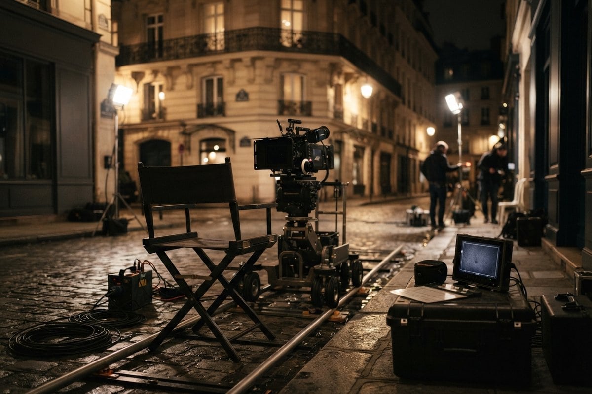 Chaise de réalisateur vide devant une caméra de cinéma sur travelling, dans une rue pavée parisienne éclairée la nuit