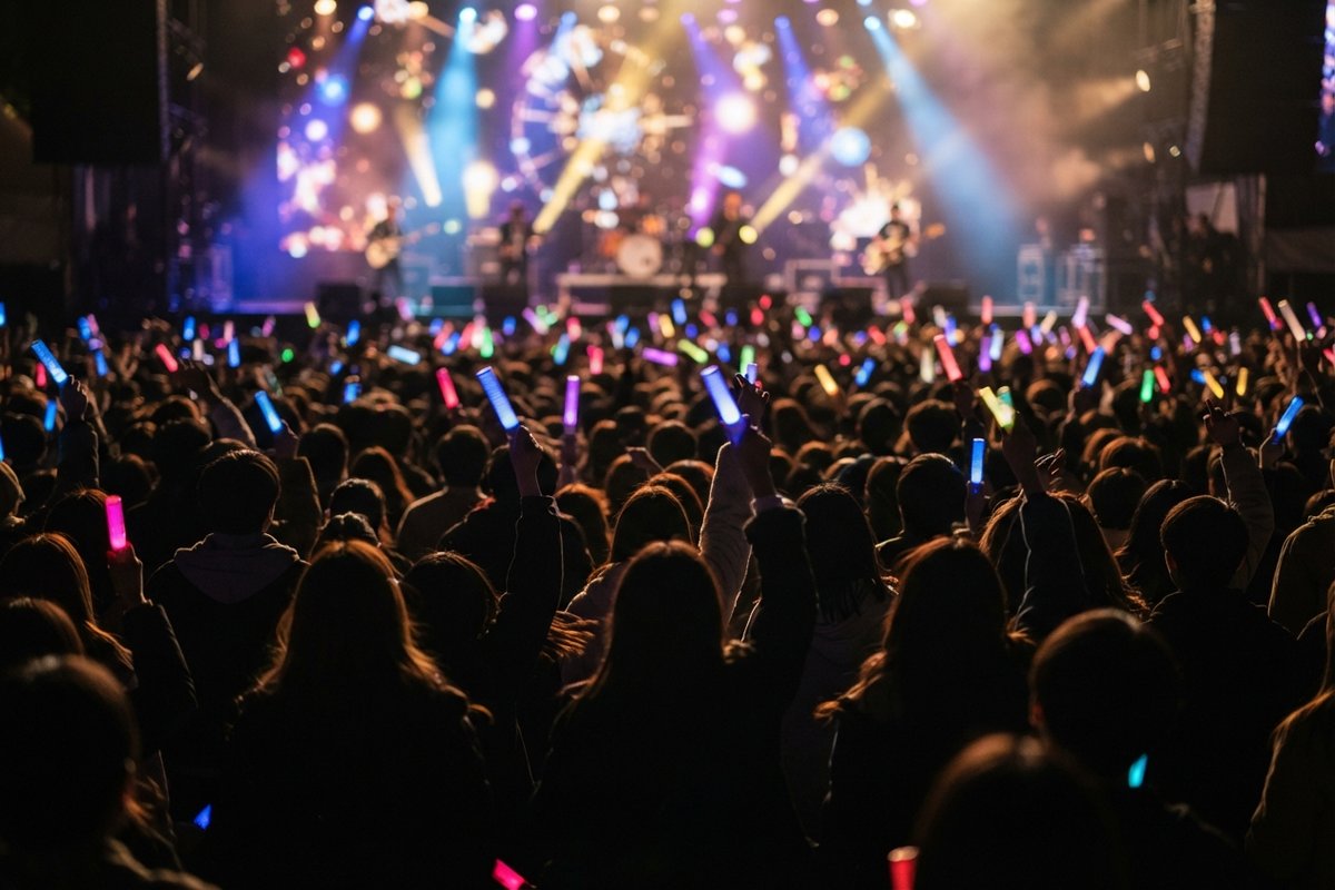 Foule de concert vue de dos, mains levées tenant des bâtons lumineux colorés devant une scène éclairée.