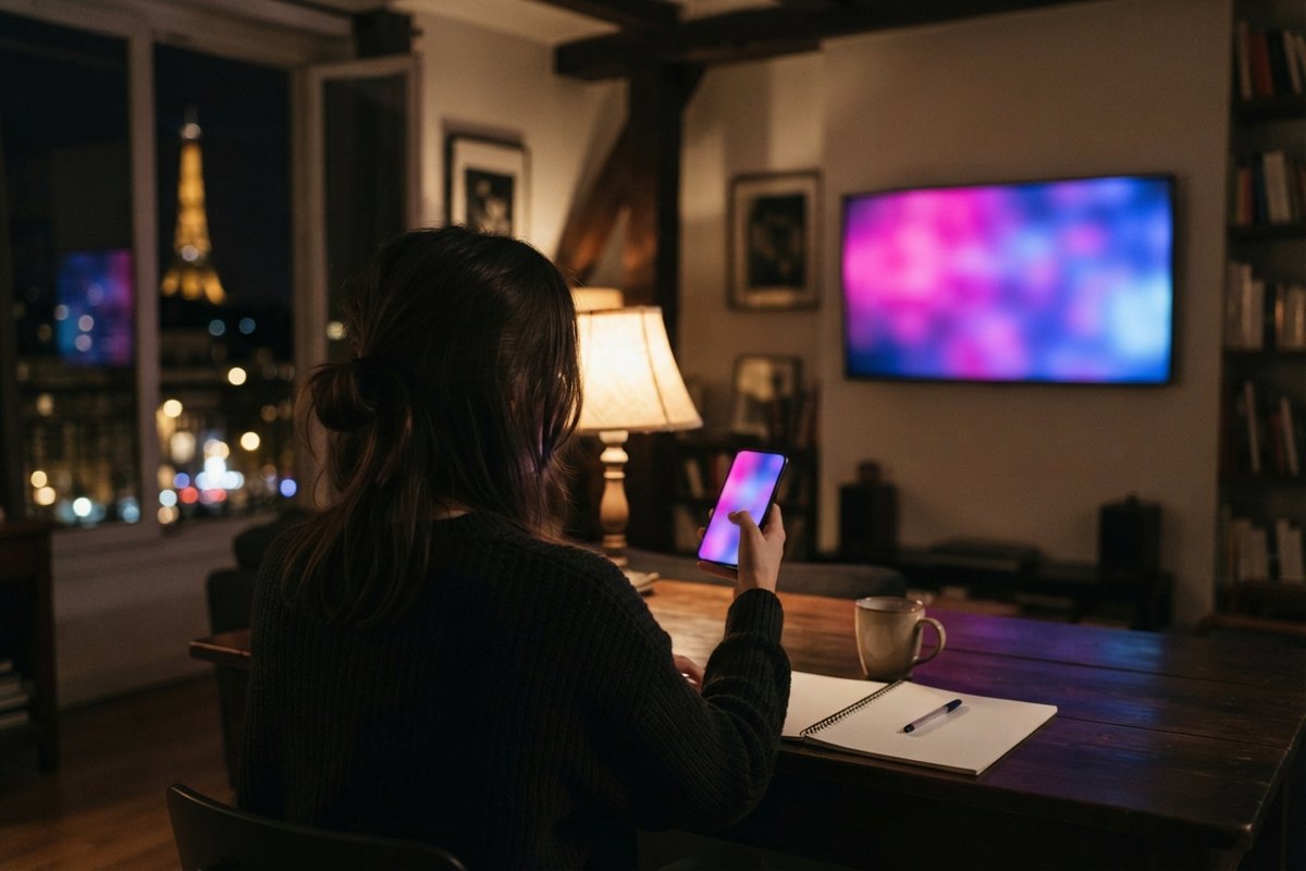 Une femme de dos regarde un écran de téléphone coloré dans un salon sombre, la tour Eiffel visible par la fenêtre