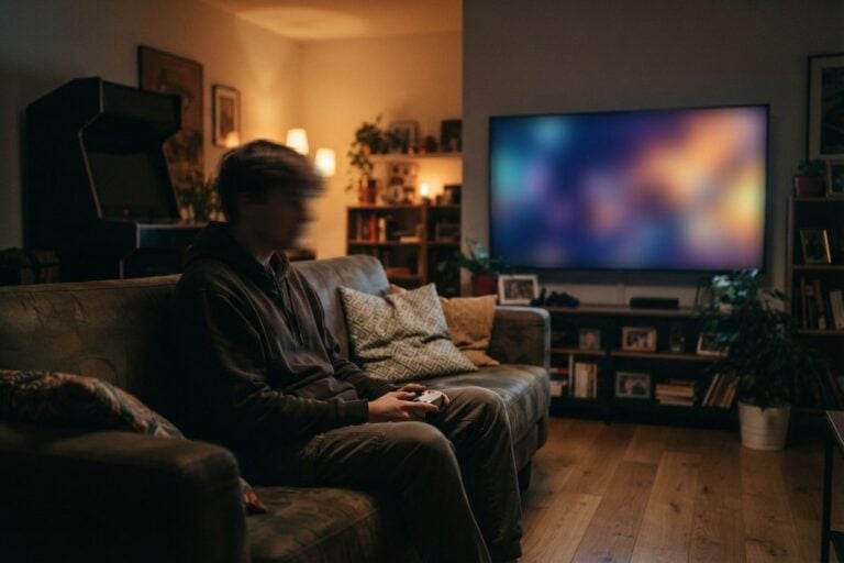 Un adolescent assis sur un canapé, manette en main, devant un grand écran allumé dans un salon éclairé à la lampe