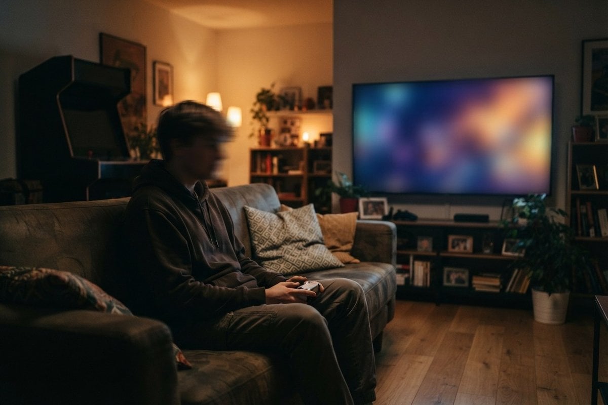 Un adolescent assis sur un canapé, manette en main, devant un grand écran allumé dans un salon éclairé à la lampe