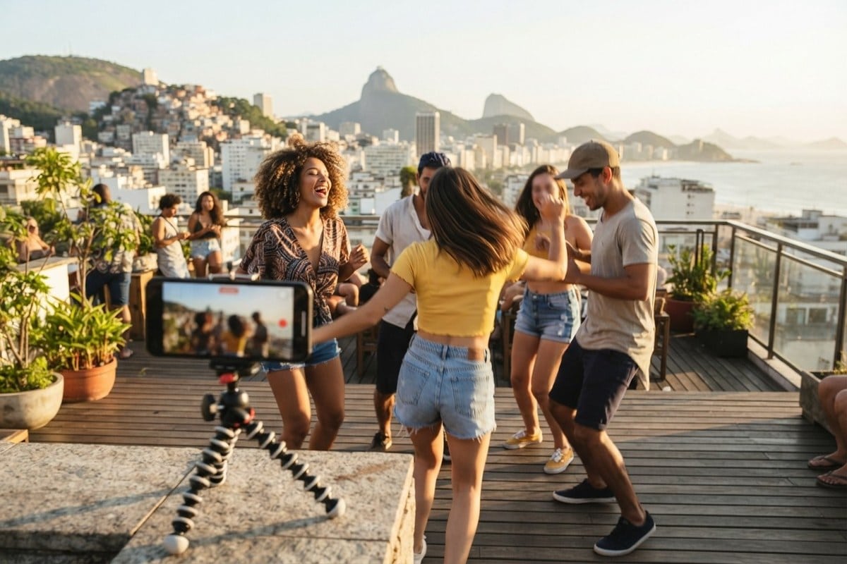 Des jeunes dansent sur un toit-terrasse à Rio au coucher du soleil, filmés par un smartphone sur trépied.