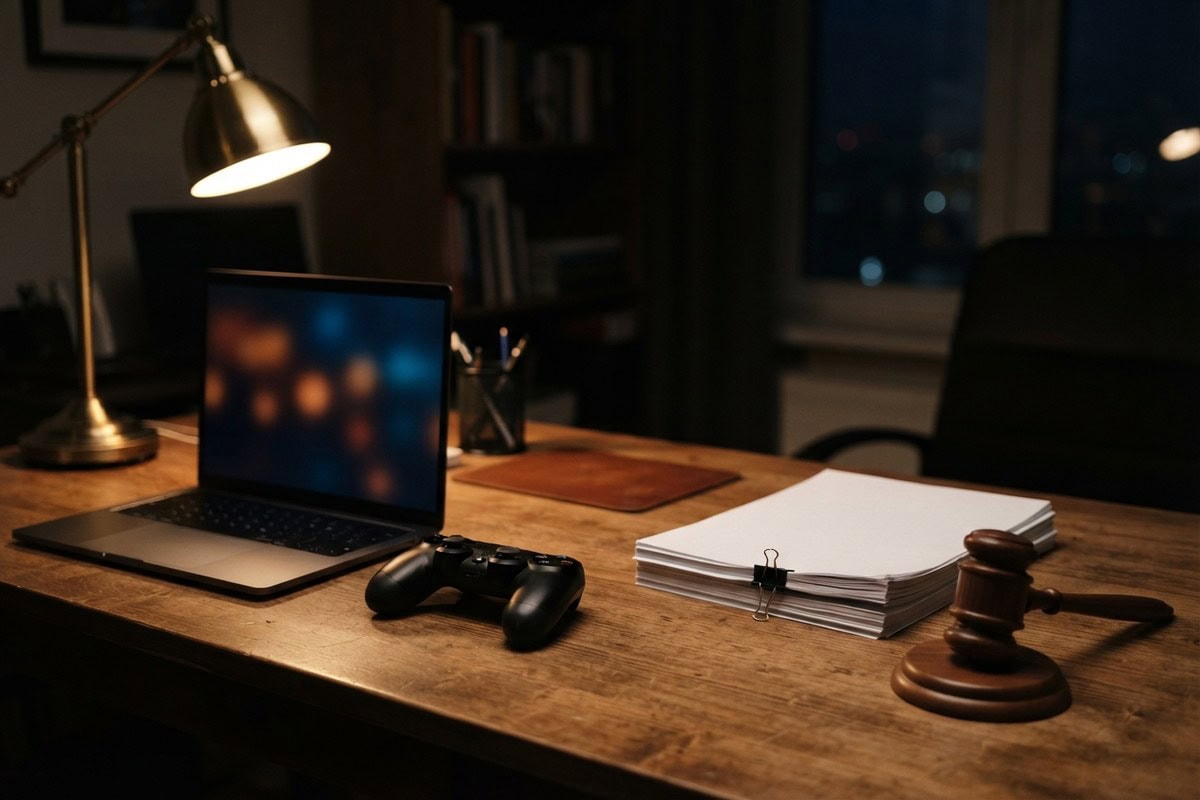 Manette de jeu, ordinateur portable et marteau de juge posés sur un bureau en bois éclairé par une lampe, la nuit.