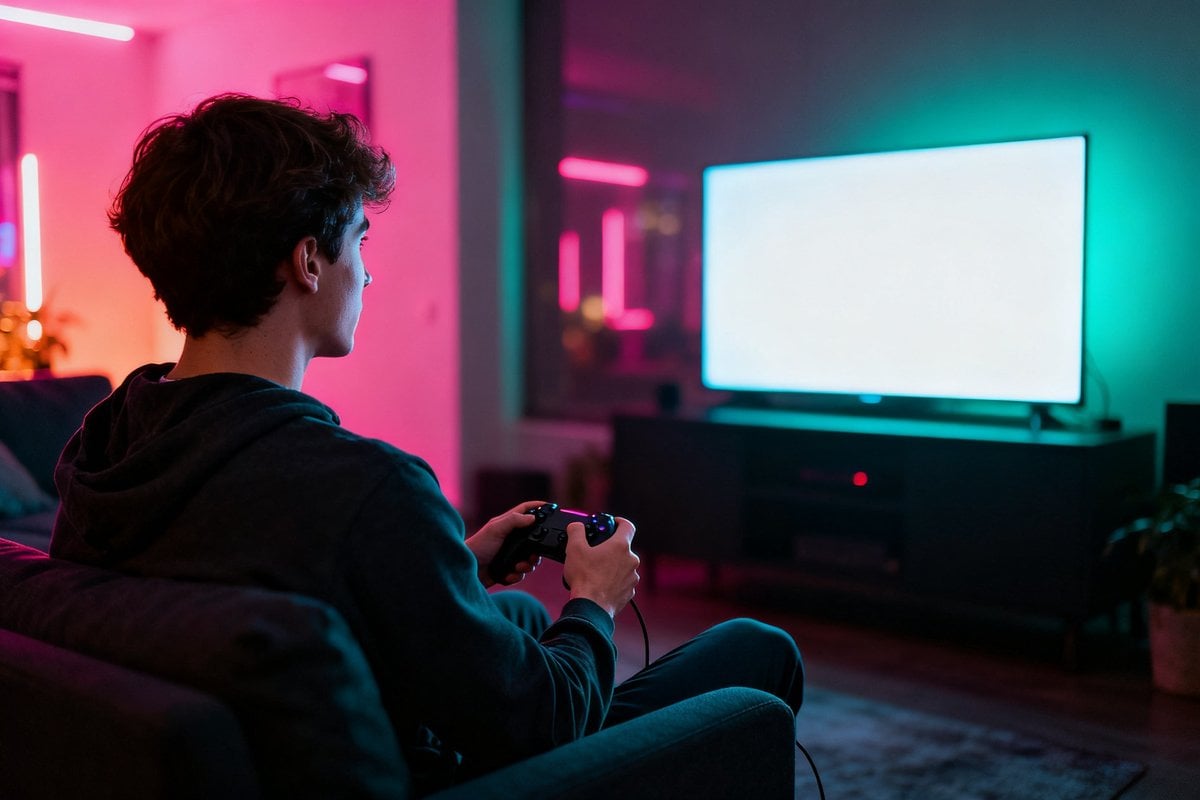 Un jeune joueur tient une manette face à un grand téléviseur allumé, dans un salon sombre aux lumières néon roses et vertes.