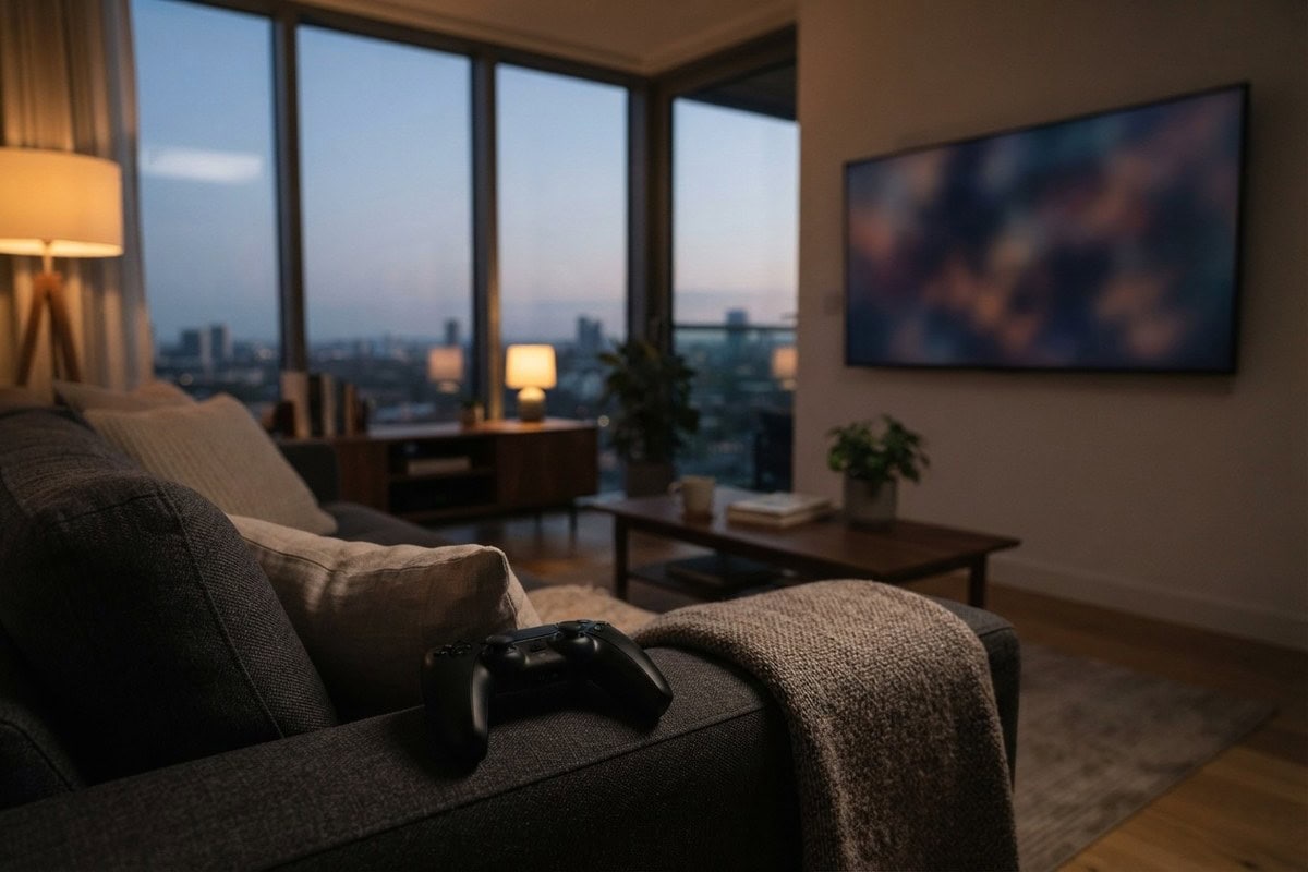 Salon moderne au crépuscule avec un téléviseur mural allumé et une manette de jeu posée sur le canapé