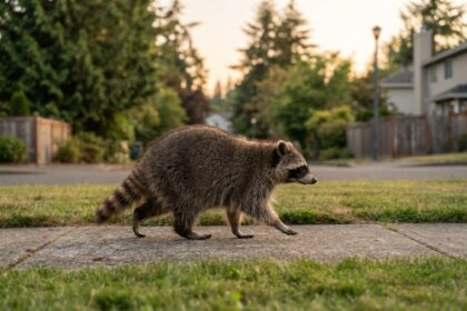 Un raton laveur traverse le trottoir d'un quartier résidentiel arboré à la tombée du jour.