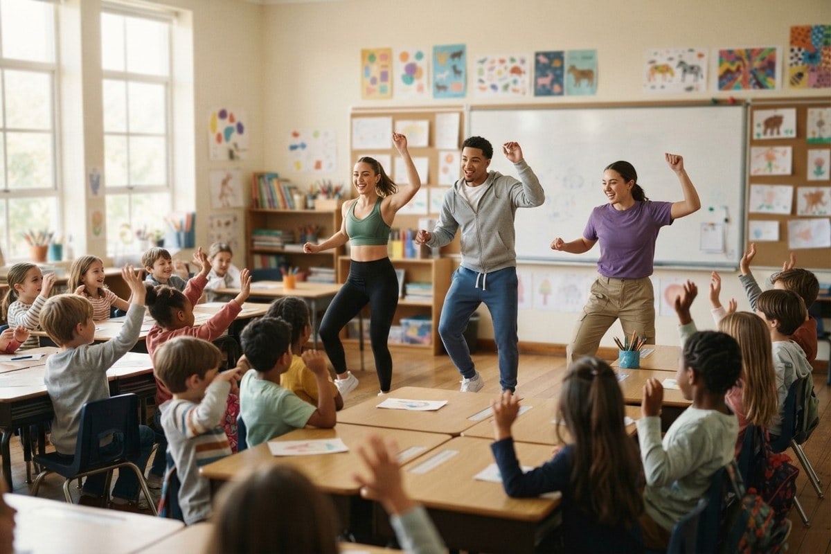 De jeunes artistes exécutent un pas de danse devant un tableau blanc, face à une classe d'écoliers aux mains levées.