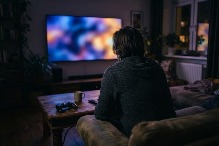 Une personne vue de dos sur un canapé, face à un grand écran allumé dans un salon plongé dans l'obscurité.