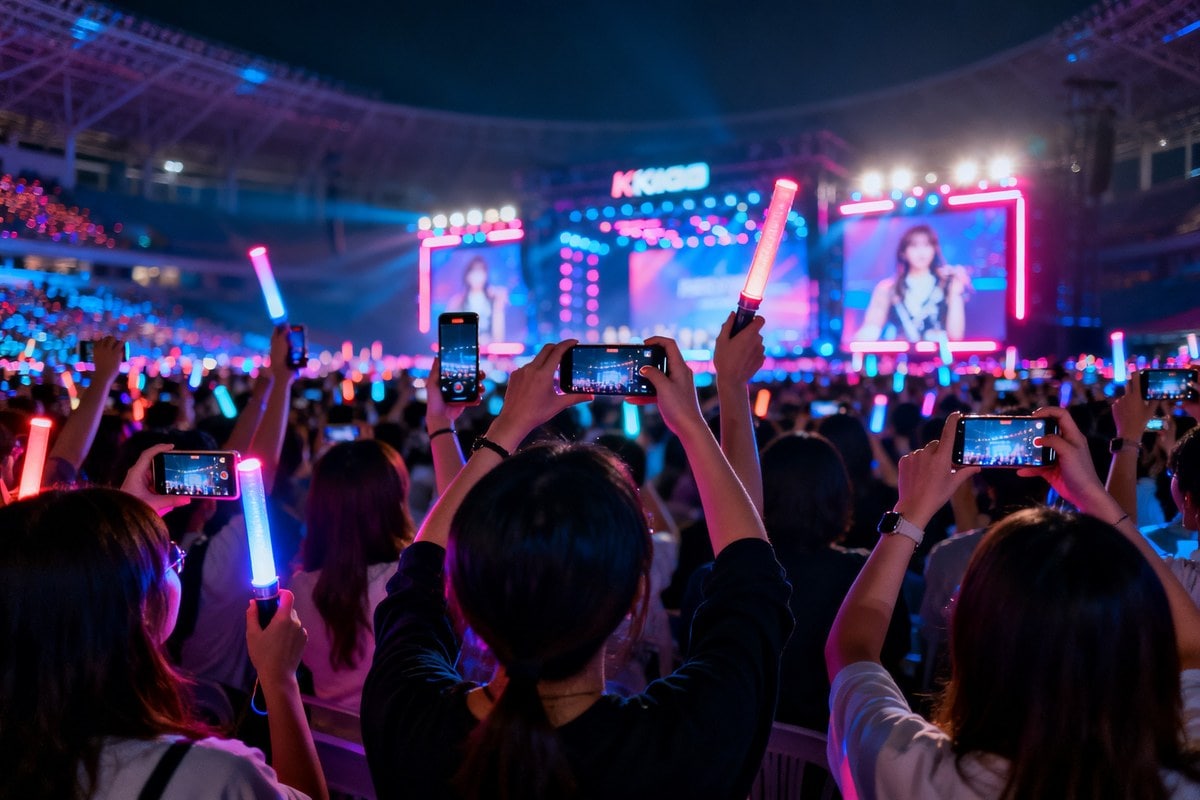 Foule de spectateurs de dos filmant un concert de K-pop au smartphone, bâtons lumineux levés sous des néons.