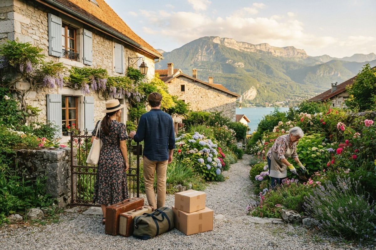 Un couple devant le portail d'une maison en pierre, valises et cartons au sol, une femme âgée jardine à côté.