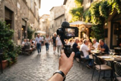 Main tenant une petite caméra sur stabilisateur dans une ruelle pavée bordée de terrasses en été