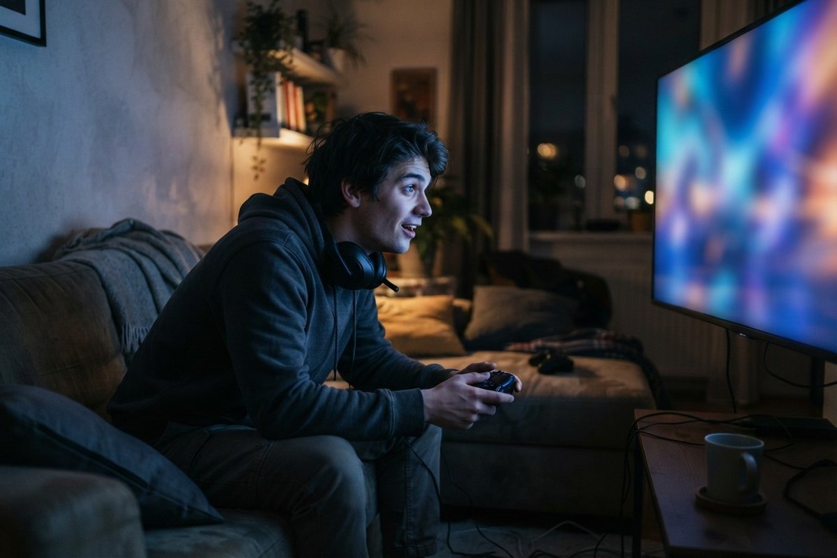 Un joueur, manette en main et casque autour du cou, penché vers un grand écran allumé dans un salon la nuit