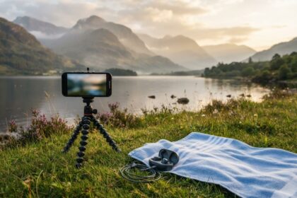 Smartphone sur trépied filmant un lac de montagne au crépuscule, serviette de plage et écouteurs posés dans l'herbe