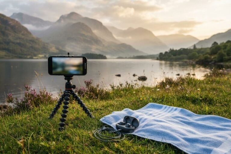 Smartphone sur trépied filmant un lac de montagne au crépuscule, serviette de plage et écouteurs posés dans l'herbe