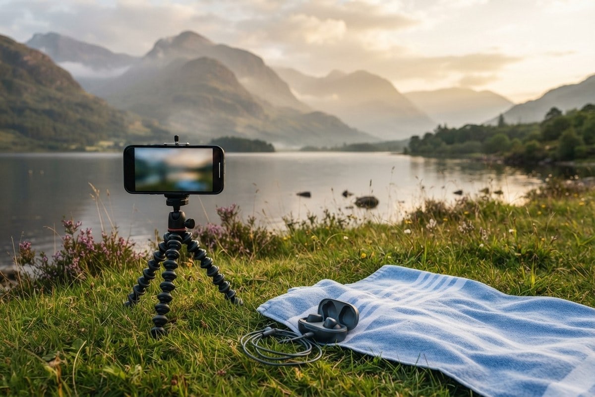 Smartphone sur trépied filmant un lac de montagne au crépuscule, serviette de plage et écouteurs posés dans l'herbe