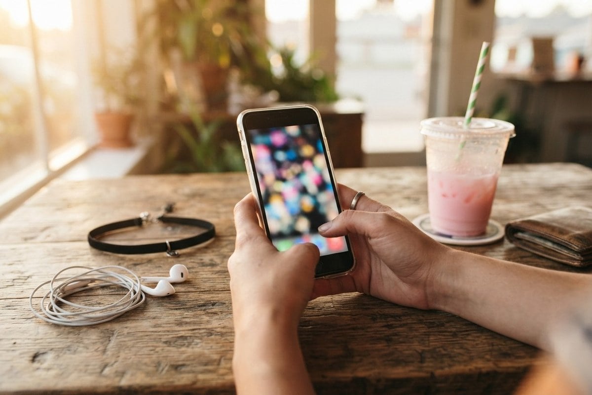 Mains tenant un smartphone à l'écran flou coloré, près d'écouteurs filaires, d'un choker et d'une boisson glacée rose.