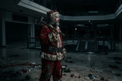 Un homme en costume de Père Noël déchiré tient une masse sur l'épaule dans un centre commercial désert et sombre