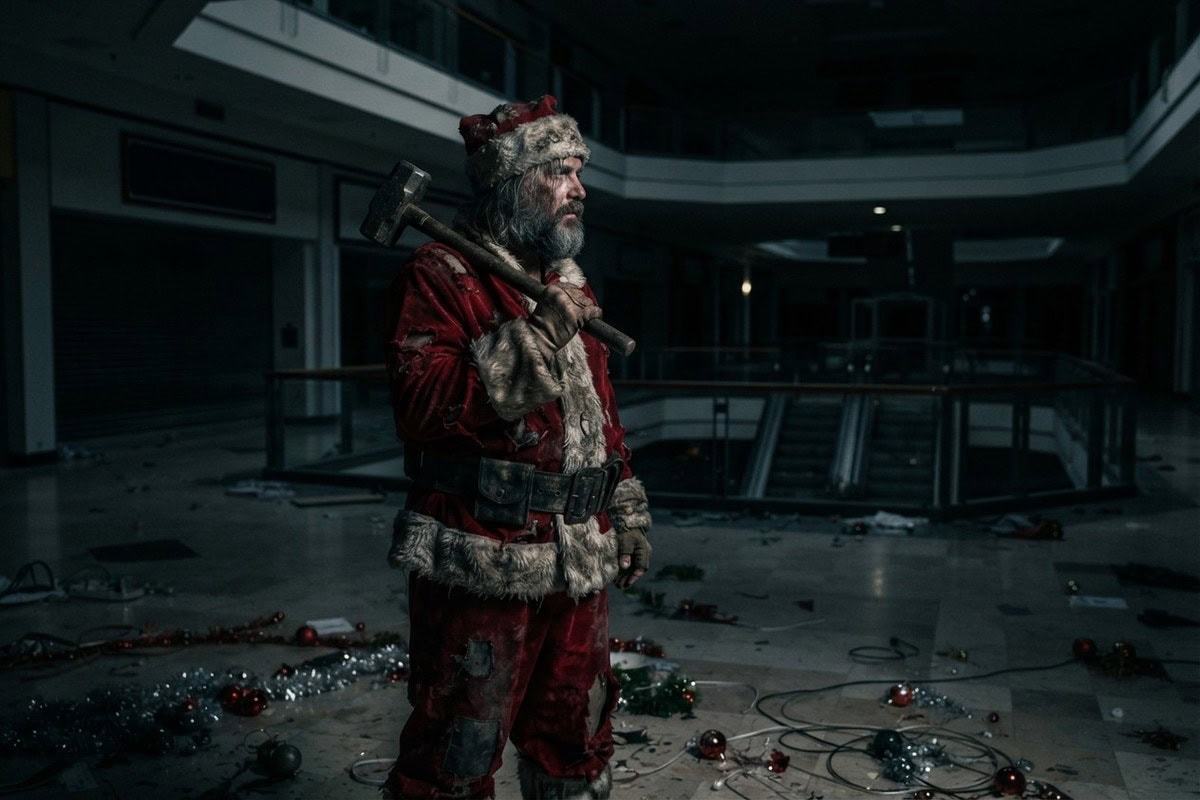 Un homme en costume de Père Noël déchiré tient une masse sur l'épaule dans un centre commercial désert et sombre