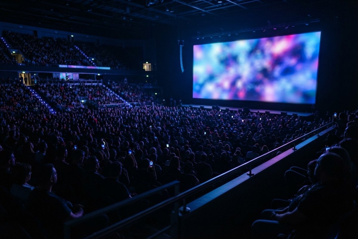 Salle de spectacle plongée dans le noir, public dense face à un grand écran aux couleurs bleues et violettes