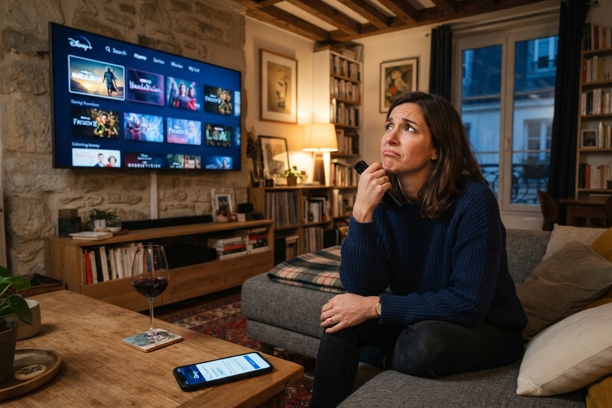 Femme assise sur un canapé, télécommande en main, l'air déçu devant un téléviseur affichant l'accueil de Disney+