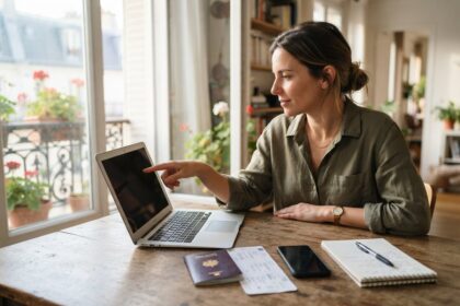 Une femme désigne l'écran de son ordinateur portable, un passeport et des documents de réservation posés sur la table.