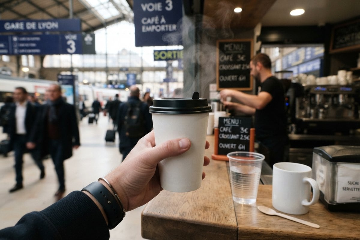 Main tenant un gobelet en carton de café fumant au comptoir d'un kiosque de gare, près d'un verre en plastique et d'une tasse