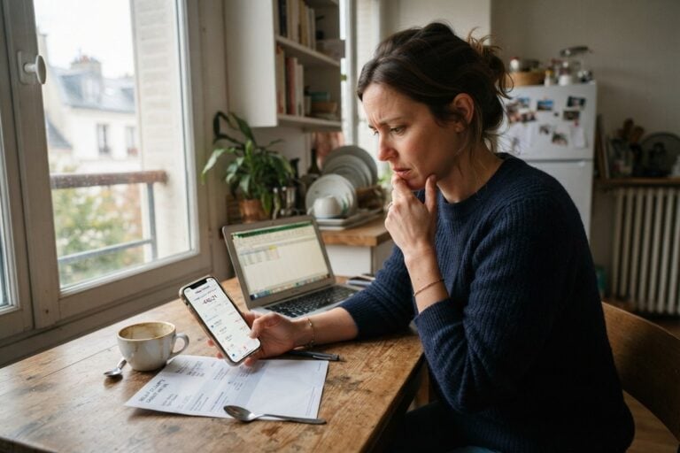 Femme pensive consultant son smartphone à une table de cuisine, près d'un relevé bancaire, d'un café et d'un ordinateur