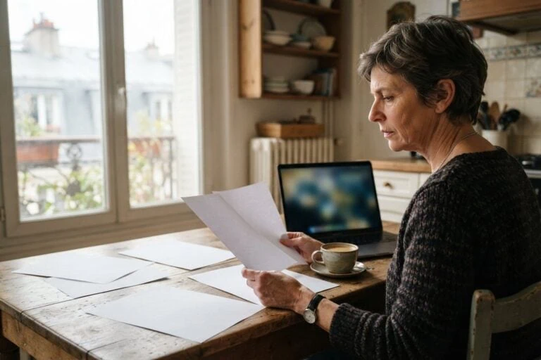 Une femme lit des documents à une table de cuisine en bois, feuilles étalées et ordinateur portable ouvert