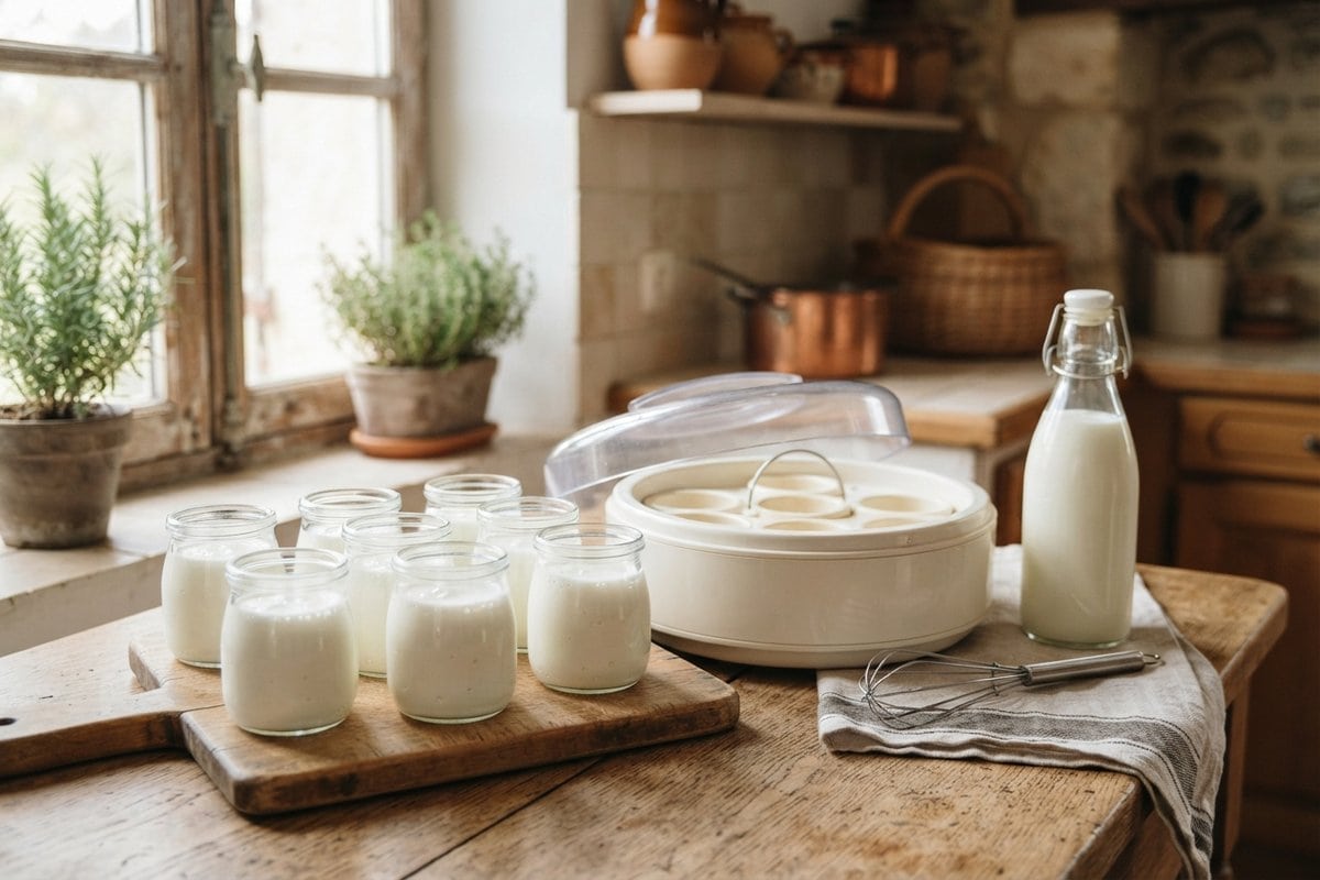 Pots de yaourt en verre sur une planche en bois, yaourtière ouverte, bouteille de lait et fouet dans une cuisine