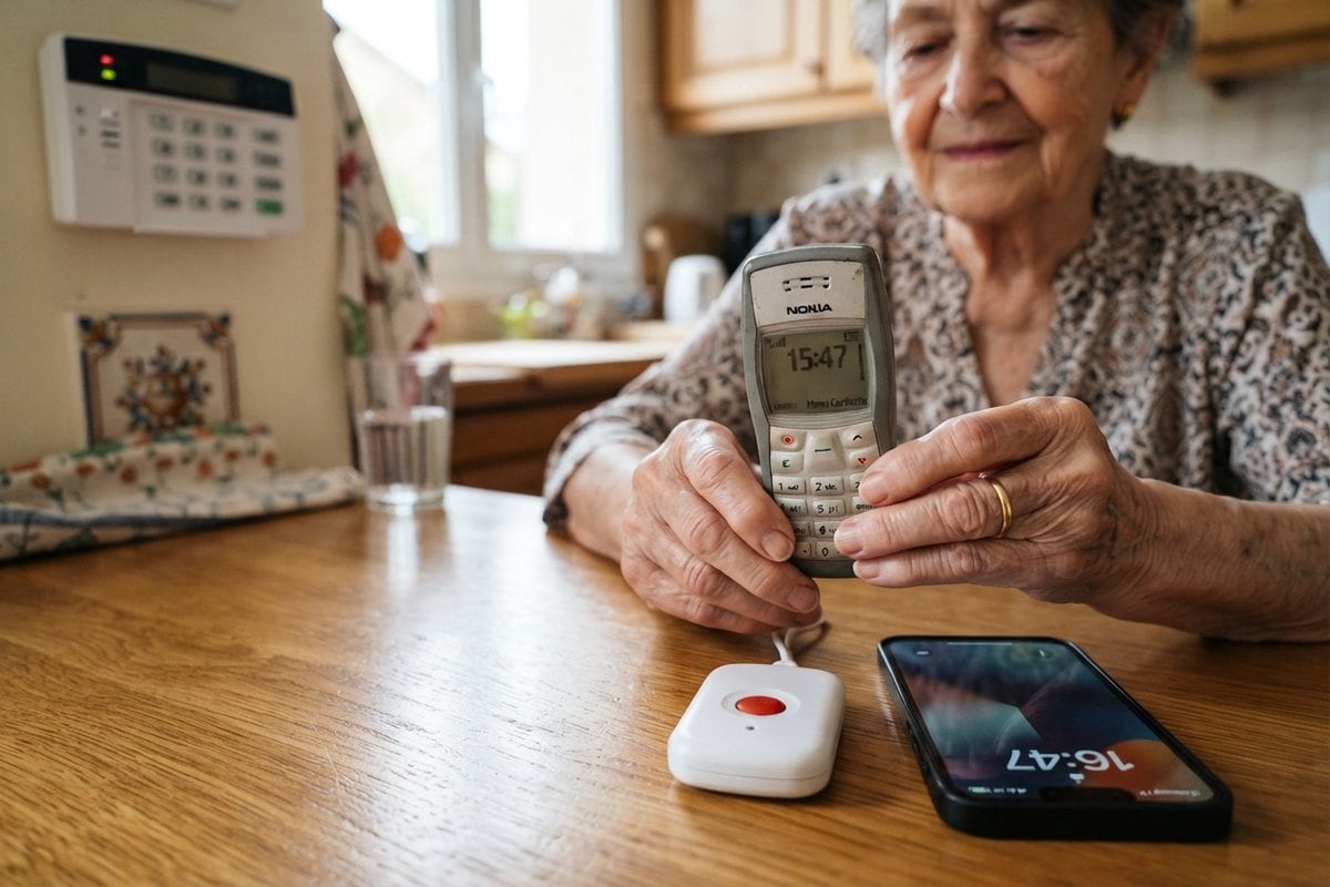 Femme âgée tenant un vieux portable à clavier, près d'un bouton d'appel d'urgence, d'un smartphone et d'une alarme murale
