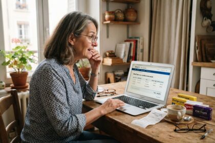 Une femme consulte le relevé de ses remboursements de santé sur un ordinateur portable, près de boîtes de médicaments