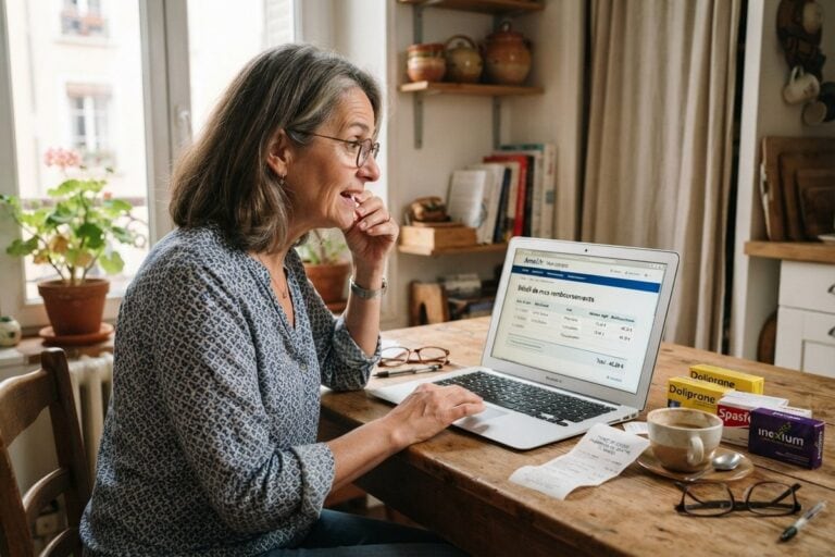 Une femme consulte le relevé de ses remboursements de santé sur un ordinateur portable, près de boîtes de médicaments