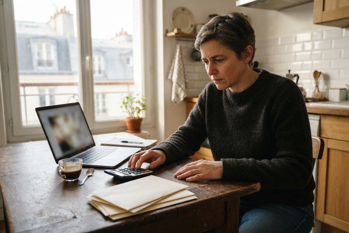 Une femme attablée dans une cuisine tape sur une calculatrice devant un ordinateur portable et des enveloppes