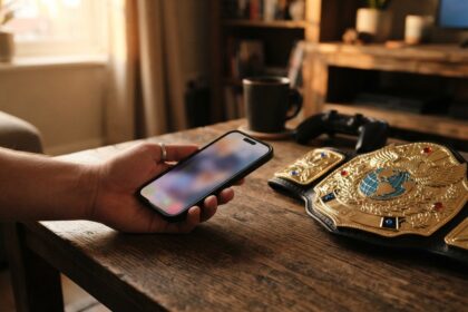 Main tenant un smartphone à l'écran flou posé sur une table en bois, à côté d'une ceinture de champion dorée