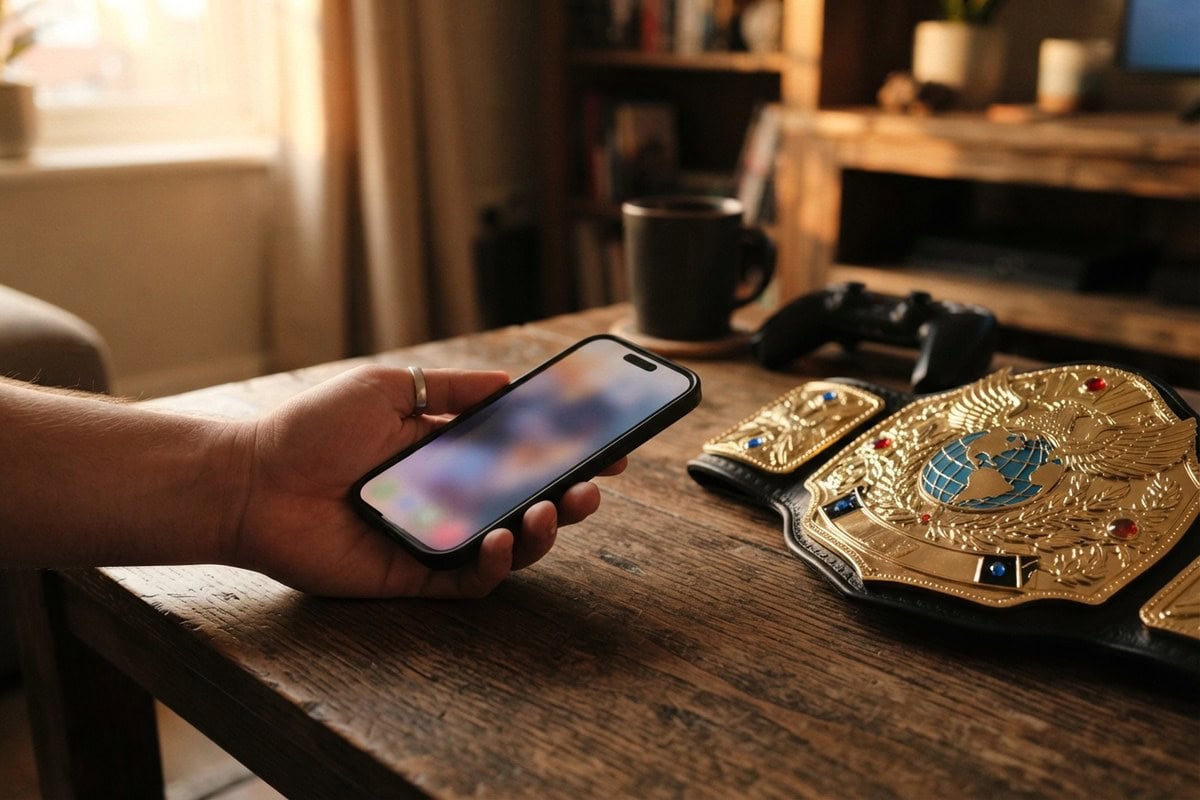 Main tenant un smartphone à l'écran flou posé sur une table en bois, à côté d'une ceinture de champion dorée