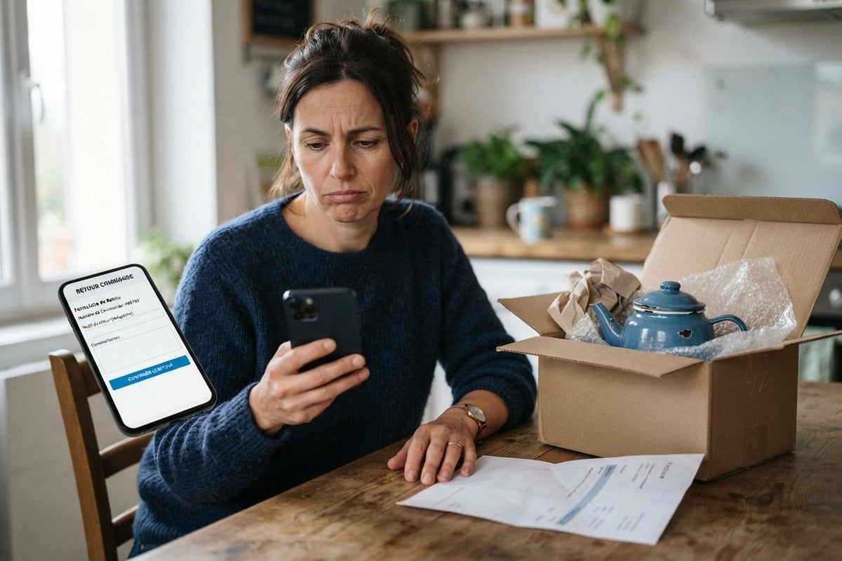 Femme contrariée consultant son smartphone à une table de cuisine, près d'un carton ouvert contenant une théière bleue