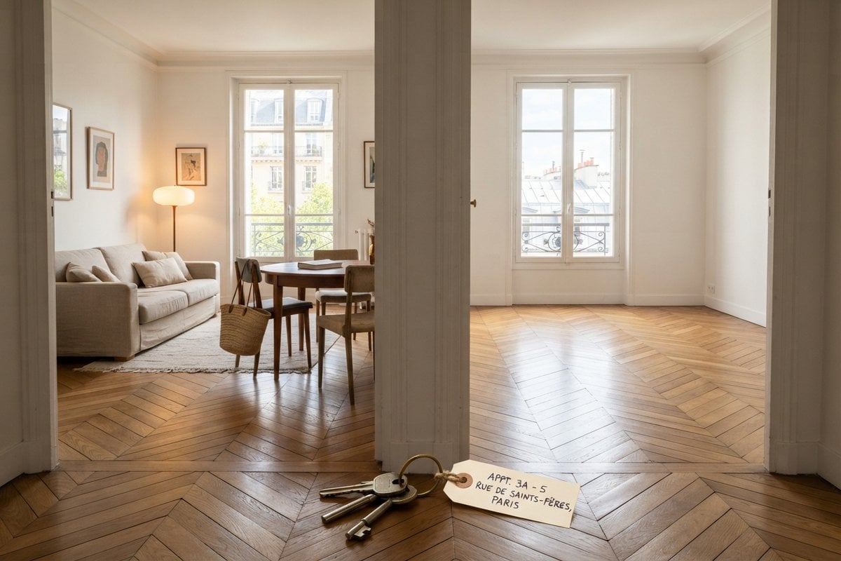 Deux pièces d'appartement parisien côte à côte, l'une meublée, l'autre vide, avec un trousseau de clés au sol