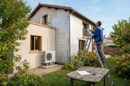 Maison individuelle en cours d'isolation par l'extérieur, avec une pompe à chaleur installée au pied du mur