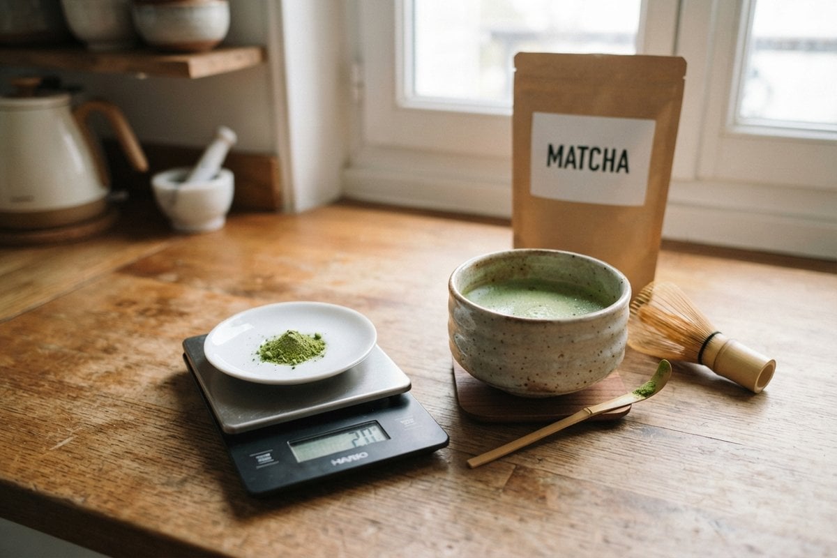 Bol de matcha fouetté, fouet en bambou, sachet de matcha et poudre verte pesée sur une balance de cuisine