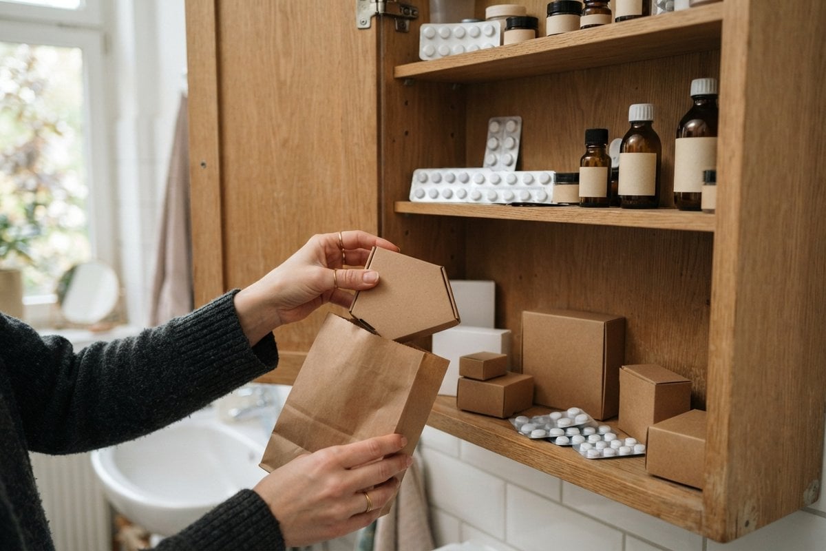 Mains glissant une boîte de médicaments dans un sac en papier devant une armoire à pharmacie ouverte