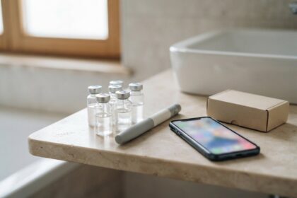 Flacons de verre et stylo injecteur posés sur une tablette de salle de bains, près d'un téléphone et d'une boîte