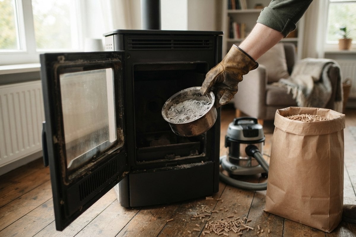 Main gantée retirant un récipient plein de cendres d'un poêle à granulés ouvert, aspirateur et sac de granulés au sol